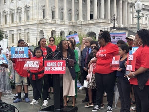 U.S. Rep. Summer Lee, D-Penn., speaks at a press conference on Capitol Hill in defense of trans and diverse student rights on Wednesday, June 10, 2026, in Washington, D.C. (Photo by Amelia Twyman/States Newsroom)