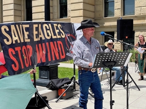 Wyoming rancher Bobby Giesse speaks at the Wyoming Wind Wall rally June 4, 2026, in Cheyenne. (Dustin Bleizeffer/WyoFile) Credit: Dustin Bleizeffer