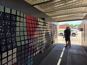 Two visitors learn about the challenges facing incarcerated women during a visit to the Stitching Stories Reimagined display at Dix Park in Raleigh, North Carolina, on July 14. (Photo by Clayton Henkel/NC Newsline)
