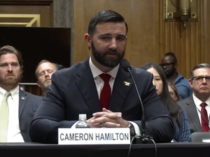 FEMA nominee Cameron Hamilton testifies before the U.S. Senate Homeland Security and Governmental Affairs Committee on June 17, 2026. (Screenshot from committee webcast)