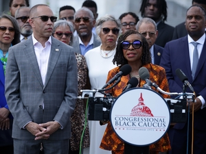 U.S. House Minority Leader Hakeem Jeffries, D-N.Y., looks on as Congressional Black Caucus Chair Yvette Clarke, D-N.Y., speaks during a news conference in front of the U.S. Capitol on May 19, 2026 in Washington, D.C. (Photo by Alex Wong/Getty Images)