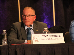 U.S. Forest Service Chief Tom Schultz discusses resource sharing with states at the Western Governors’ Association conference on June 30, 2026 in Park City, Utah. (Mike Koshmrl/WyoFile)