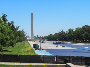 David Hearn, of Bethesda, Maryland, is charged with destruction of property of more than $1,000 for allegedly vandalizing the newly refinished Lincoln Memorial Reflecting Pool on June 19, 2026. Shown is construction at the Reflecting Pool in Washington, D.C., on May 5, 2026. (Photo by Ashley Murray/States Newsroom)