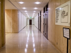 The hallway to immigration court in the Henry Whipple Federal Building in Minneapolis Thursday, April 9, 2026. (Photo by Nicole Neri/Minnesota Reformer)