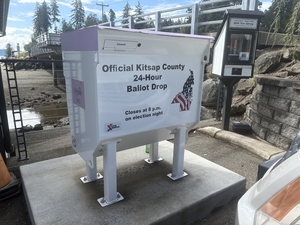 A ballot drop box in Kitsap County, Washington, pictured Aug. 29, 2026. Washington is one of the eight states that conducts elections entirely by mail. (Photo by Jacob Fischler/States Newsroom)