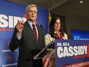 U.S. Sen. Bill Cassidy, with his wife Dr. Laura Cassidy by his side, addresses his supporters as he concedes his primary election contest during an event at Boudreaux’s Caterers on May 16, 2026, in Baton Rouge. (Photo by Michael DeMocker/Getty Images)