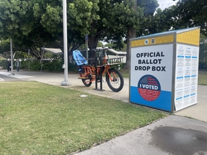A ballot drop box sits outside the library at Virginia Avenue Park in Santa Monica, California on July 14, 2026. (Photo by Greg LaRose/Louisiana Illuminator)