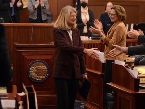 Sen. Lisa Murkowski, R-Alaska, said on Aug. 7, 2026, she will oppose the nomination of Todd Blanche as U.S. attorney general. In this photo, she shakes hands with members of the Alaska Legislature on Feb. 15, 2024, following her annual address in the state Capitol. (Photo by James Brooks/Alaska Beacon)