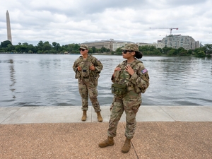Pfc. Jorden Edlin, left, and U.S. Army Spc. Kaliyah Johnson, right, with the Mississippi National Guard ,assigned to Joint Task Force-District of Columbia in support of the DC Safe and Beautiful mission, patrol at the Thomas Jefferson Memorial in Washington, D.C., on Aug. 2, 2026. (Photo by Photo by Sgt. Alex Lopez/Joint Task Force DC)
