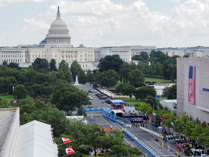 IndyCar drivers turned left on Pennsylvania Avenue, with the U.S. Capitol in the background, during the Freedom250 Grand Prix in Washington, D.C., on Sunday, Aug. 23, 2026. (Photo by Ashley Murray/States Newsroom)