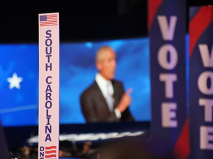 Former President Barack Obama speaks at the Democratic National Convention in 2024. (Photo by Shaun Griswold / Source New Mexico)