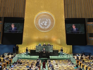 French President Emmanuel Macron speaks during the 81st session of the United Nations General Assembly at U.N. Headquarters in New York City on Sept. 22, 2026. (Photo by Michael M. Santiago/Getty Images)
