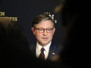 U.S. House Speaker Mike Johnson, R-La., speaks at a campaign event for U.S. Rep. Jen Kiggans in Virginia Beach, Virginia, on Aug. 17, 2026. Kiggans, a Republican, is running for re-election in a close race. (Photo by Charlotte Rene Woods/Virginia Mercury)