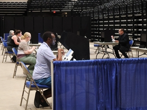 Voters fill out ballots using touch screens during early voting at the Bismarck Event Center in Bismarck, North Dakota, on June 8, 2026. (Photo by Michael Achterling/North Dakota Monitor)