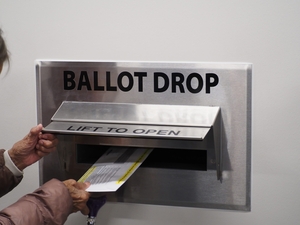 The “ballot drop” box at the Polk County Election Office in Des Moines, Iowa, on the first day of early voting, Oct. 14, 2026. (Photo by Robin Opsahl/Iowa Capital Dispatch)