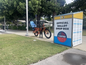 A ballot drop box sits outside the library at Virginia Avenue Park in Santa Monica, California on July 14, 2026. (Photo by Greg LaRose/Louisiana Illuminator)