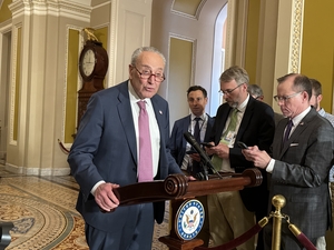 Senate Minority Leader Chuck Schumer, D-N.Y., speaks to reporters inside the U.S. Capitol building in Washington, D.C. on June 24, 2025. (Photo by Jennifer Shutt/States Newsroom)