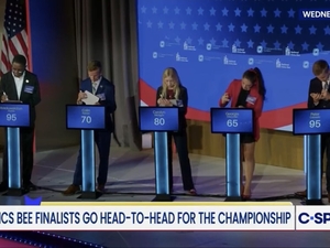 Finalists in the National Civics Bee championship on Oct. 14, 2026, work on their answers to a question about gerrymandering. (Screenshot courtesy of C-SPAN)