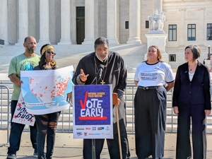 Bishop William Barber, of Repairers of the Breach, spoke alongside voting rights advocates from Common Cause, the ACLU, Indivisible, State Voices and others, at a press conference outside the U.S. Supreme Court in Washington, D.C., on Wednesday, Oct. 14, 2026. (Photo by Ashley Murray/States Newsroom)