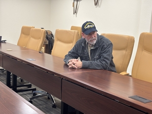 Dan Osborn, an independent candidate for U.S. Senate, sits at a conference room in Hyannis, Nebraska, on Oct. 15, 2026. Osborn met with three voters, including a local rancher who supports President Donald Trump. (Photo by Jonathan Shorman/States Newsroom)