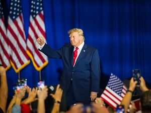 President Donald Trump gestures as he exits the stage during a midterm election rally at the Choctaw Event Center on Oct. 1, 2026, in Durant, Oklahoma. (Photo by Jessica Tobias/For Oklahoma Voice)