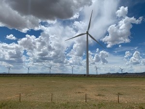 Wind turbines just west of Wyoming Highway 487 north of Medicine Bow. (Dustin Bleizeffer/WyoFile)