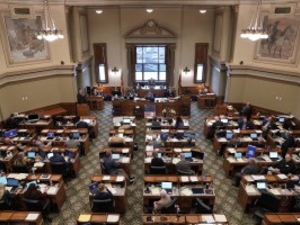 Members of the House of Representatives work through the 2026 Wyoming Legislature budget session in Cheyenne. (Mike Vanata/WyoFile)