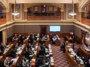 State senators work from the Senate Chamber during the 2026 Wyoming Legislature budget session in Cheyenne. (Mike Vanata/WyoFile)