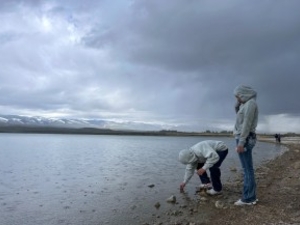 Students on the muddy shore of Ray Lake release rainbow trout fry to their new home on May 21, 2026, as rain falls on the water. Releasing the fish is the culmination of Trout Unlimited’s Trout in the Classroom program. (Katie Klingsporn/WyoFile)