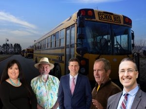 Candidates for Wyoming Superintendent of Public Instruction include, from left, Democrats Ana Cordova and Sergio Maldonado as well as Republicans Chad Auer, Steve Harshman and Tom Kelly. The primary election is Aug. 18. (Photo illustration by Tennessee Watson/WyoFile)