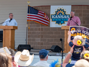 Clamorous crowd dominates first Kansas U.S. Senate debate between Marshall, Hamilton