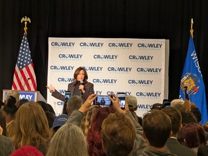 At rally for David Crowley, Kamala Harris addresses women burdened by high costs