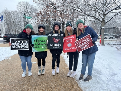 Students from Assumption High School in Wisconsin Rapids brave this year’s snowy March for Life in Washington, D.C., on January 19, 2024. (Sofia Resnick/States Newsroom)