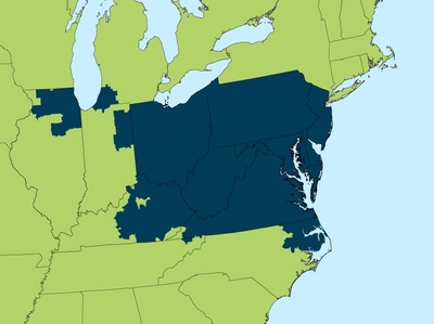 The shaded area shows where PJM, a regional transmission organization, coordinates the movement of wholesale electricity. (Courtesy PJM)