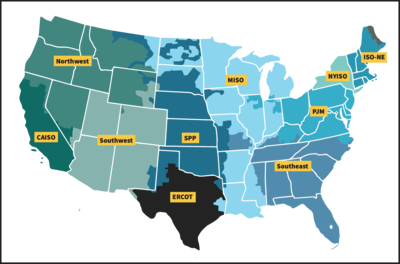 A map of U.S. regional transmission organizations. PJM runs the largest electric market in the nation. (Courtesy of the Federal Energy Regulatory Commission)