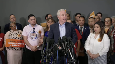 U.S. Sen. Chris Van Hollen speaks at a press conference at Dulles International Airport on Friday, April 18, 2025. (Image via Van Hollen YouTube channel livestream)