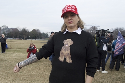 Jan. 6 rioter Rasha Abual-Ragheb showed off a "MAGA 1776" tattoo during a rally on Tuesday, Jan. 6, 2026. (Photo by Ashley Murray/States Newsroom)