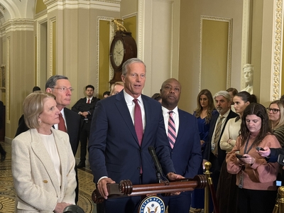 Senate Majority Leader John Thune, R-S.D., talks to reporters on March 3, 2026. (Photo by Jennifer Shutt/States Newsroom)