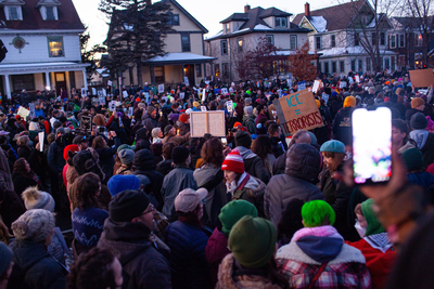Thousands gathered at Portland Avenue near 34th Street in south Minneapolis to honor the life of Renee Good, who was killed by an ICE officer that morning Wednesday, Jan. 7, 2026. (Photo by Nicole Neri/Minnesota Reformer)