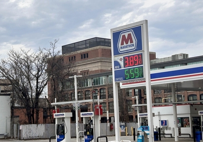 A gas station on Point Street in Providence, Rhode Island, shows a $3.89 a gallon price for regular on Tuesday, March 31, 2026. (Photo by Janine Weisman/Rhode Island Current)
