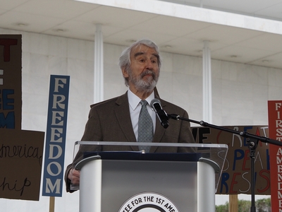 Actor and activist Sam Waterson speaks at the Artists United for Our Freedoms rally outside the John F. Kennedy Center in Washington, D.C., on Friday, March 27, 2026. (Photo by Ashley Murray/States Newsroom)