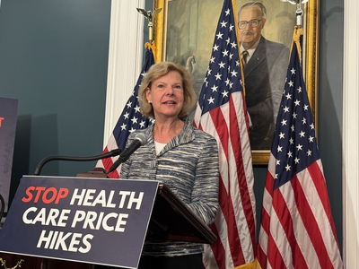 Sen. Tammy Baldwin, a Wisconsin Democrat, speaks at a press conference on Sept. 16, 2025, at the U.S. Capitol in Washington, D.C. (Photo by Shauneen Miranda/States Newsroom)
