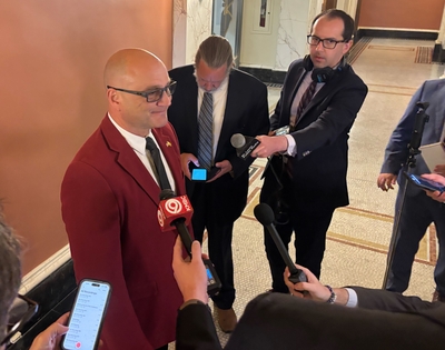 Missouri Secretary of State Denny Hoskins, a Republican, speaks to reporters on Tuesday. Hoskins predicts disarray if the Missouri Supreme Court blocks a GOP-favored congressional map from being used for the 2026 election.