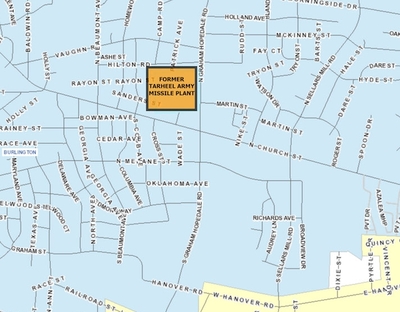 A map showing the location of the former Tarheel Army Missile Plant is in east Burlington, about two blocks north of Church Street, a main thoroughfare.