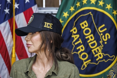 U.S. Secretary of Homeland Security Kristi Noem at a roundtable discussion with local ranchers and employees from U.S. Customs and Border Protection on Jan. 7, 2026 in Brownsville, Texas. (Photo by Michael Gonzalez/Getty Images)