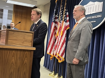 NC House Speaker Destin Hall (R-Caldwell) and Senate leader Phil Berger (R-Rockingham) make a budget announcement on May 12, 2026 (Photo: Lynn Bonner/NC Newsline)
