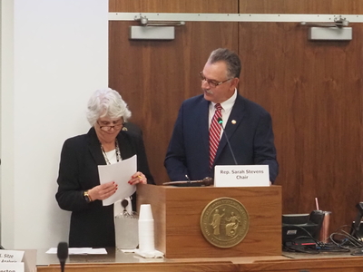Karl Gillespie looks at Sarah Stevens and speaks to her while standing at a podium.