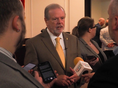 Senate President Pro Tempore Phil Berger (R- Rockingham) speaking to reporters on the Senate floor.