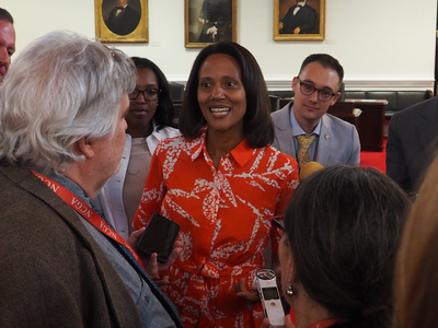 Senate Democratic Leader Sydney Batch (D-Wake) speaking to reporters on the Senate floor.