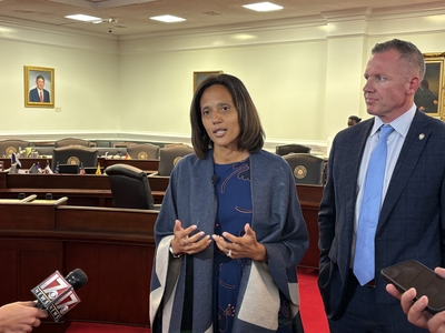 Sydney Batch and Michael Garrett speak to reporters in the Senate chamber